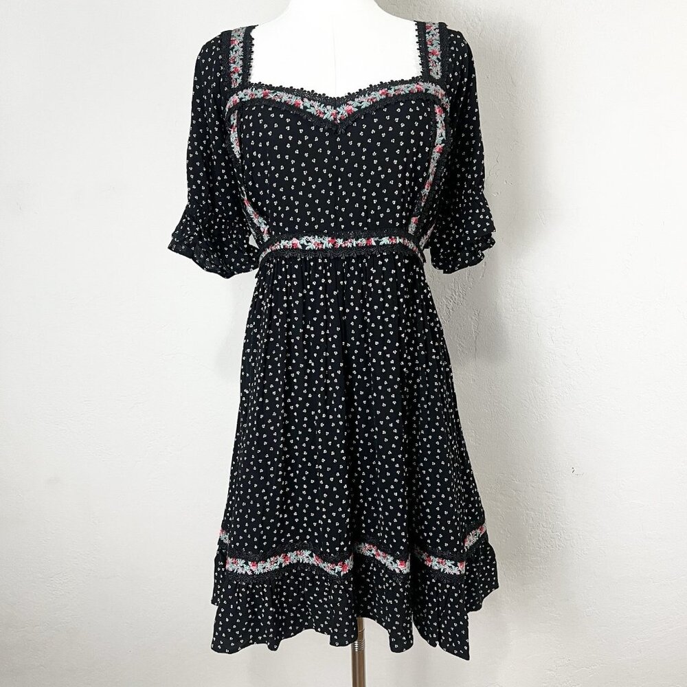 Anthropologie Love Sam Black Embroidered Mini‎ Dress Size Large Cottagecore Boho